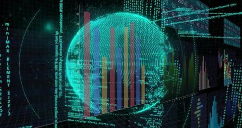 Futuristic 3D Globe with Bar Charts in Digital Grid Space