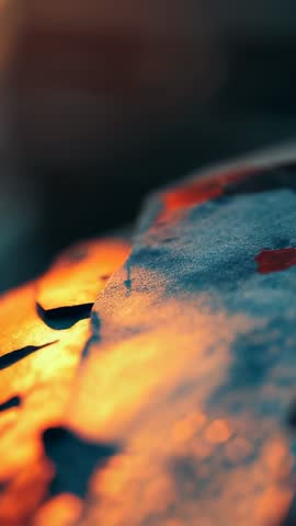 Vertical macro pullback revealing cracked pigment texture with warm golden bokeh glow