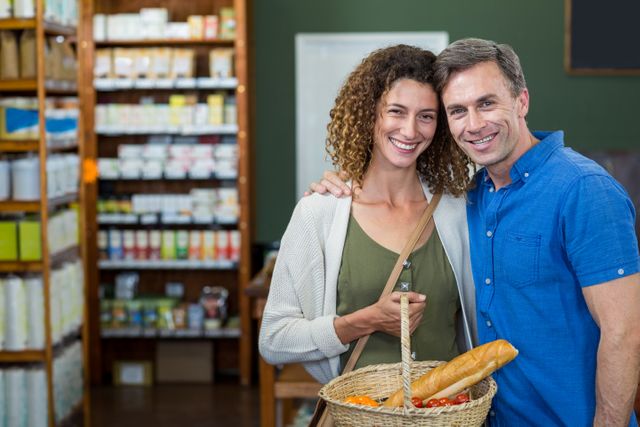 Couple is smiling while holding wicker basket filled with groceries, such as baguette and vegetables. Scene suggests a positive shopping experience in an organic grocery store. Ideal for promoting healthy eating, retail business, and lifestyle choices.