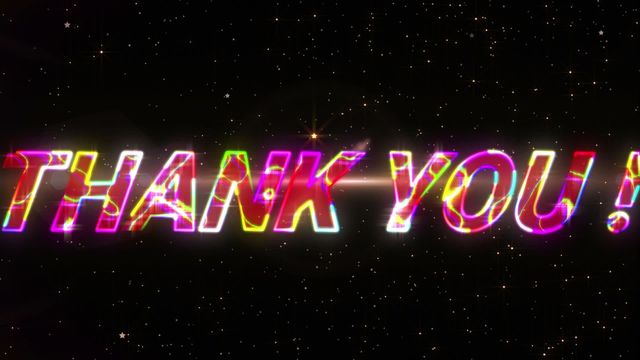 The video features vibrant and colorful 'Thank You' text in neon lights against a starry background. This can be used for various purposes such as expressing gratitude in digital cards, social media posts, email campaigns, and presentations. It is suitable for conveying appreciation in a visually striking way.