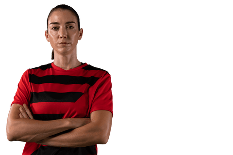Confident sportswoman in red sportswear crossing arms transparent background