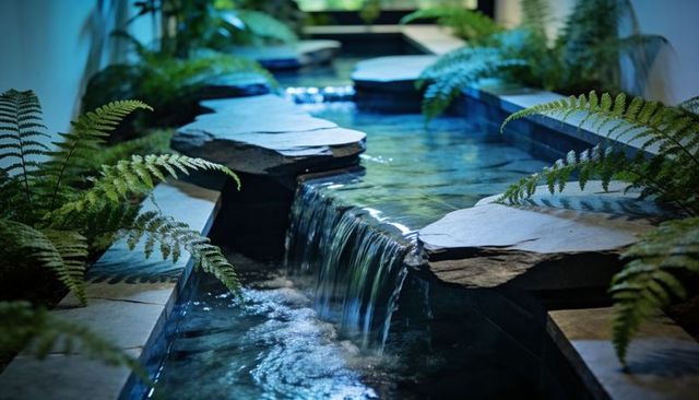 Flowing Indoor Stone Water Channel with Cascading Slabs and Lush Ferns