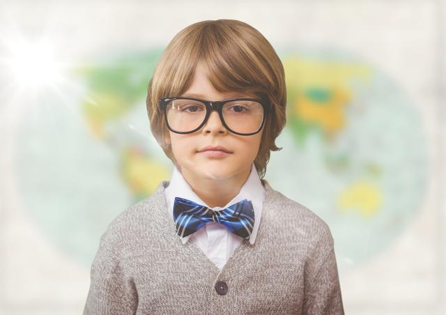 Young boy wearing glasses and a bow tie, standing in front of a blurred world map. He has a confident expression. Use this image to depict concepts such as education, intelligence, young students, learning, and geographical subjects. Ideal for educational materials, promotional content, and articles on childhood education and intellectual development.