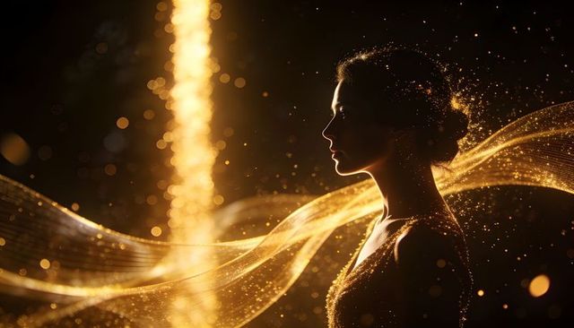 Silhouetted woman in profile surrounded by golden ribbons, cinematic bokeh luxury glamour
