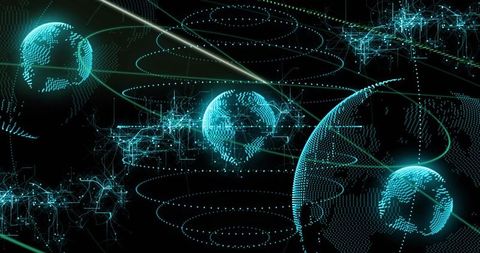 Rotating Teal Dotted Globe with Orbital Rings and Futuristic Data Network Visualization