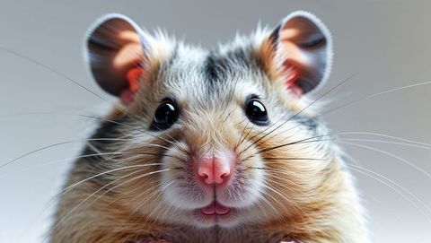 Close-up of tricolor hamster on neutral background