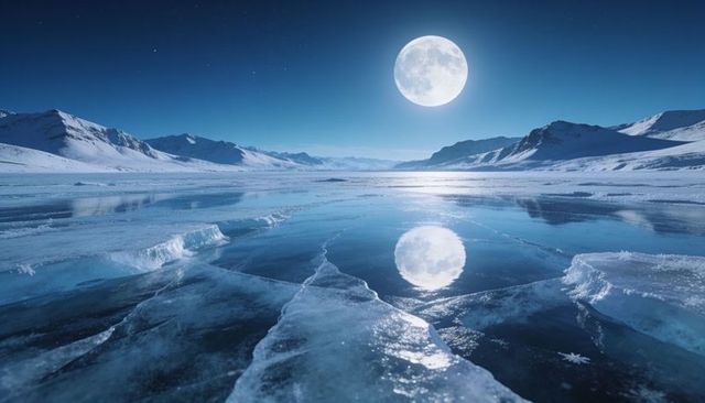 Full moon reflecting on frozen alpine lake with cracked glacial ice and starlit mountains