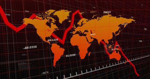 Global economic decline representation with red trend line