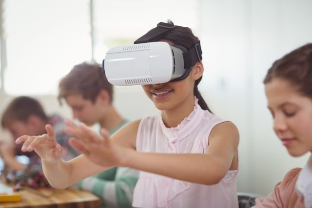 School girl using virtual reality headset in classroom, engaging in interactive and immersive learning experience. Ideal for illustrating modern education, technology in schools, and innovative teaching methods. Suitable for articles, educational websites, and promotional materials on digital learning and STEM education.