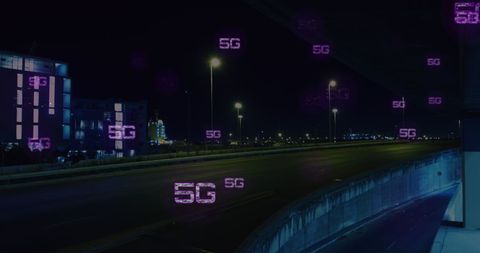 5g illuminated city highway night scene digital overlay