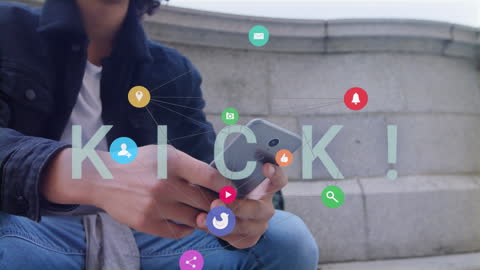 Man Using Smartphone with Digital Icons and KICK Text