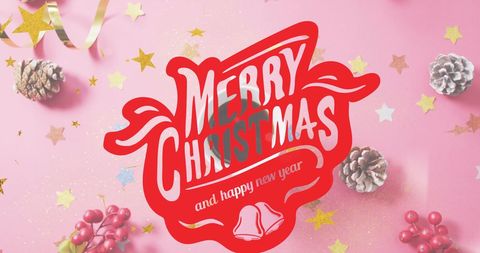 Festive Merry Christmas Greeting with Pine Cones and Stars