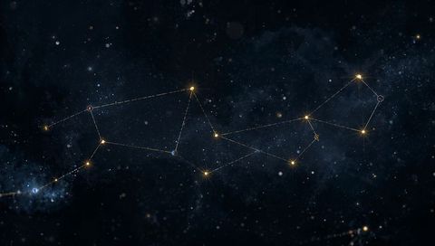 Golden stars linking across deep blue cosmos with nebula highlights and markers