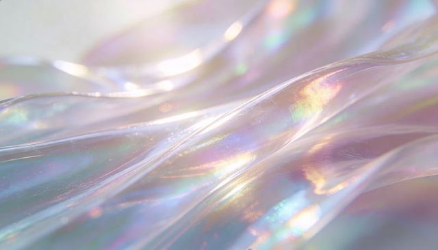 Iridescent holographic fabric waves with pearlescent pastel rainbow glow, shimmering