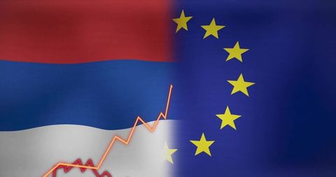 Economic growth graph on serbian and eu flags