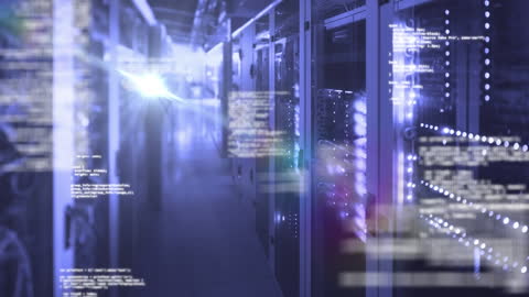 Digital Network Server Room with Coding Interface Overlay