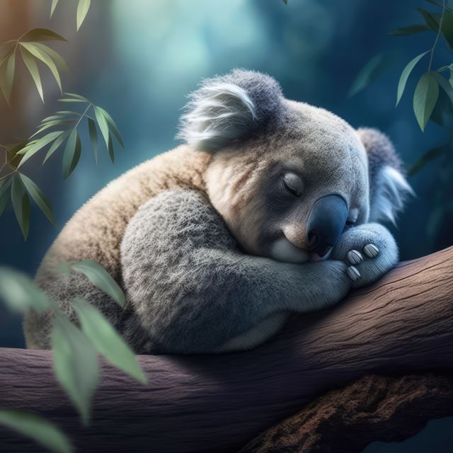 Koala sleeping on a tree branch in a dense forest. Perfect for use in educational materials about wildlife, environmental conservation campaigns, posters for animal lovers, or decorations for children's rooms. Captures tranquility and innocence of nature.