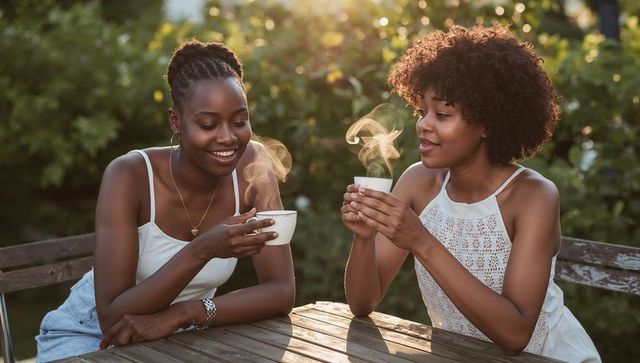 Friends sipping steaming cups at backyard table during golden hour, smiling and chatting