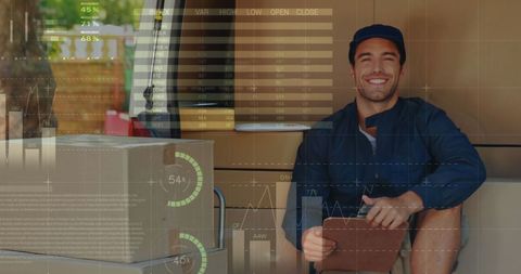 Deliveryman Reviewing Packages with Financial Data Overlay - Download Free Stock Images Pikwizard.com