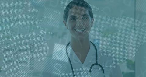 Smiling Doctor Posing at Technological Interface with Digital Map Overlay