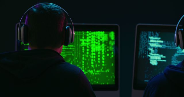 Two young Caucasian men engage in coding at a dark office. They're focused on screens with programming code, highlighting a tech-driven environment.
