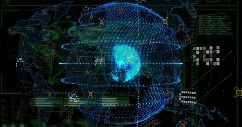 Rotating holographic 3D globe dominating HUD dashboard with neon data panels and network nodes