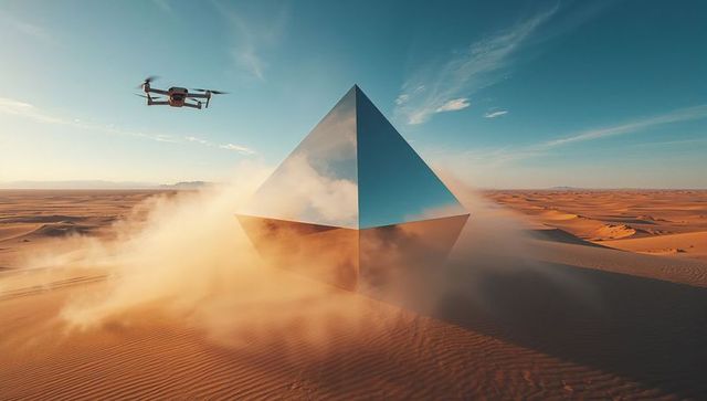 Mirrored pyramid reflecting sky over sand dunes with hovering drone and swirling dust