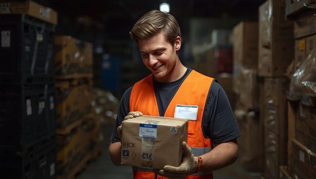 Inspecting warehouse worker holding box in aisle