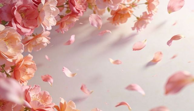 Peach pink blossom border with drifting petals on cream backdrop for soft spring design