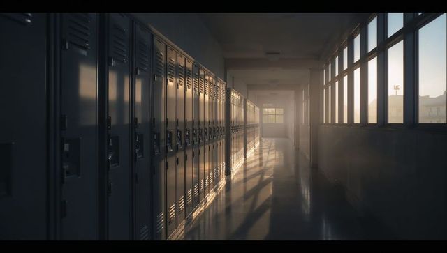 Sunlit school lockers corridor creating warm atmosphere