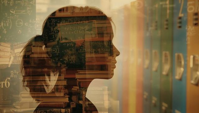 Female silhouette merges with academic elements expressing knowledge