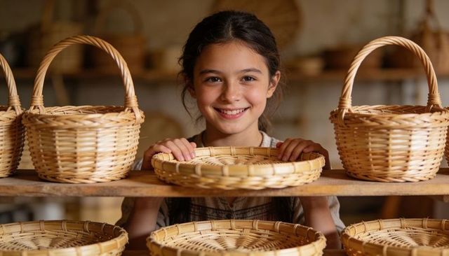 Smiling girl holding woven tray among rustic wicker baskets in artisan craft workshop