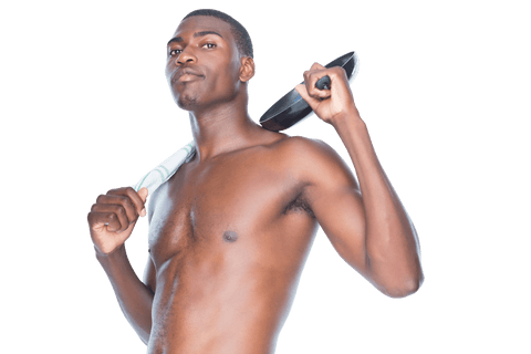 Confident young man with frying pan transparent background
