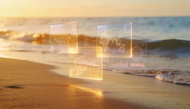 Holographic world maps and data panels hovering above sunset beach with golden glow