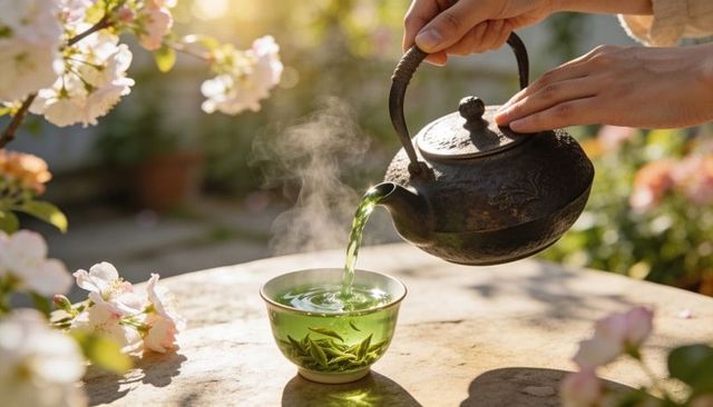 Pouring steaming matcha from cast-iron teapot into cup amid blossom-filled sunlit garden