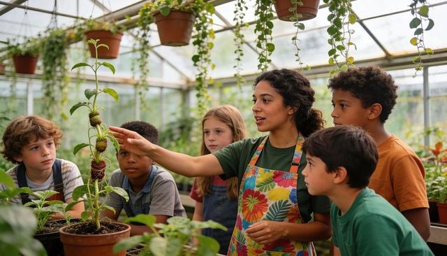 Female instructor teaching hands-on greenhouse gardening with children exploring plant growth