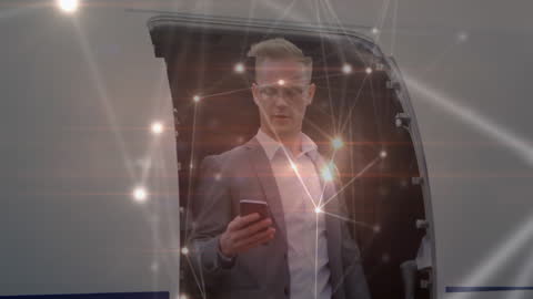 Businessman Exiting Private Jet with Digital Interface Overlay