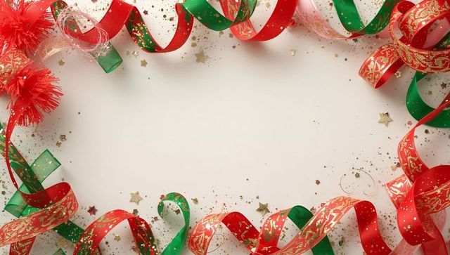 Framing red green ribbons forming festive holiday border with gold glitter confetti