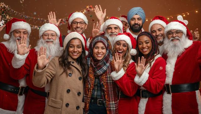 Diverse group celebrating christmas in santa hats