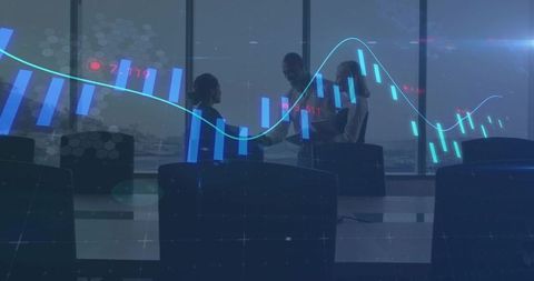 Corporate Team Discussing Holographic Stock Charts and Market Data Overlay in Dim Boardroom