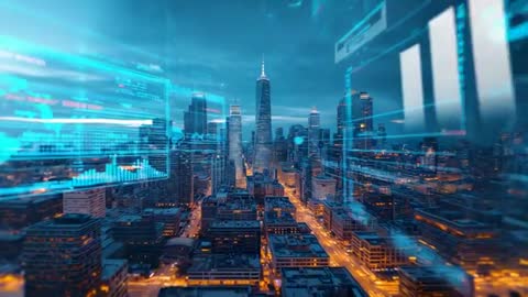 Futuristic City Skyline with Digital Analytics Overlays