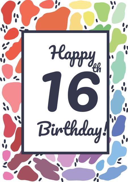 Colorful abstract shapes frame a prominently displayed 'Happy 16th Birthday' message, creating a cheerful and festive atmosphere. This design is perfect for sweet sixteen celebrations and can be used for greeting cards, invitations, or party decorations. Its vibrant colors and playful layout make it ideal for marking this significant milestone in a young person's life.