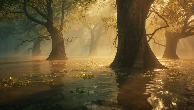 Majestic Forest Floodlight with Sunlit Reflections