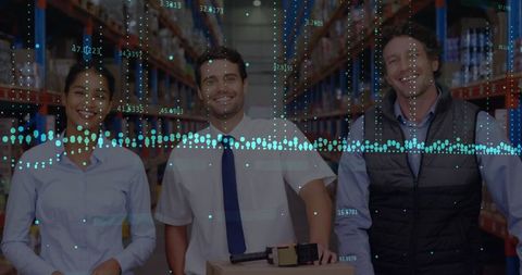 Warehouse team within financial data overlay symbolizes efficient global shipping