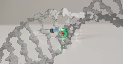 Dna strand overlay with syringe and vial symbolizing biomedical science