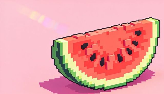 Displaying voxel watermelon wedge with layered rind and pixel seeds on pastel pink surface