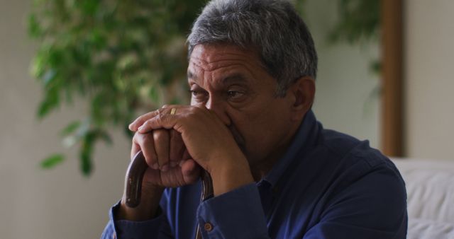 Elderly Man Deep in Thought Holding Cane by Indoor Plants - Download Free Stock Images Pikwizard.com