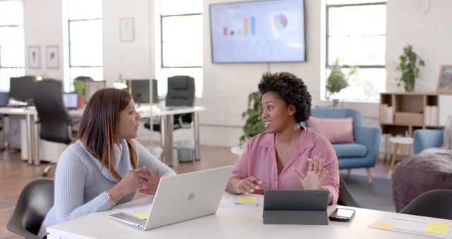 Two Businesswomen Having an Office Meeting Discussing Reports on Laptops - Download Free Stock Images Pikwizard.com