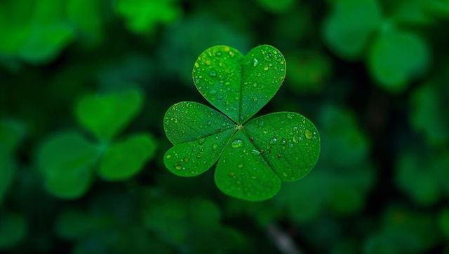 Glistening Four-Leaf Clover Displaying Dew-Covered Heart-Shaped Leaflets in Macro