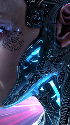 Close-up Showing Cyborg Face with Glowing Circuit Plating and Neon Earpiece Vertical Video